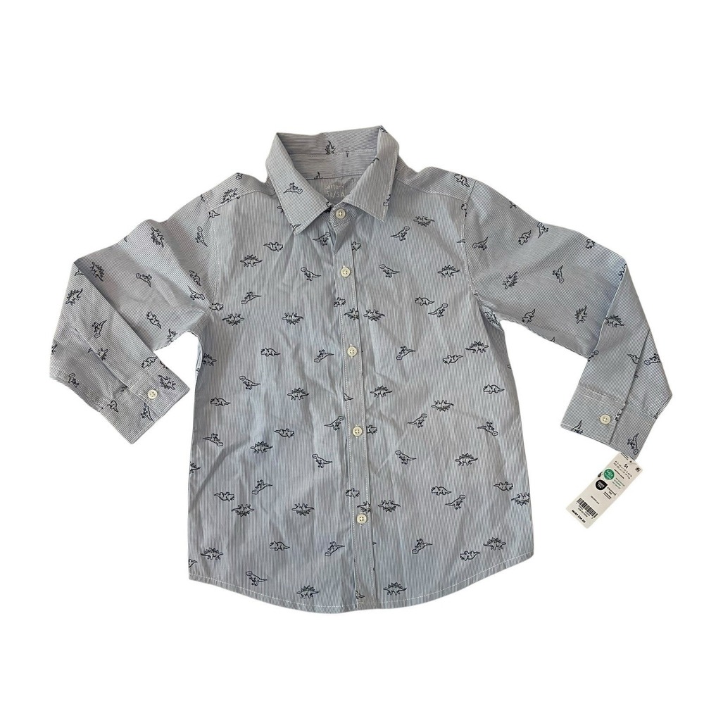 Carter's Long Sleeve Pin Stripe Buttondown Blue Dinosaurs 5T Easter Spring